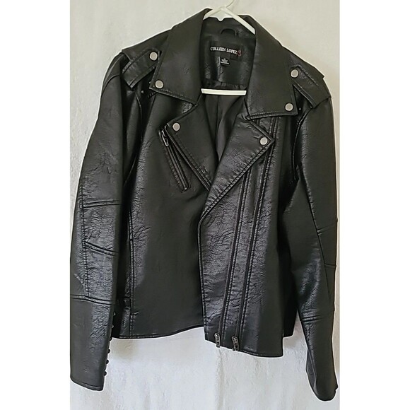 Colleen Lopez Faux Leather Black Studded Moto Biker Jacket Motorcycle - Picture 1 of 3